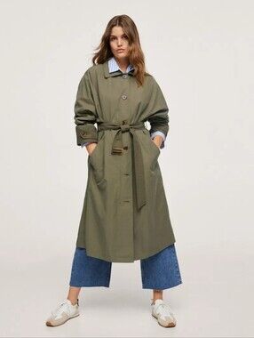Mango Olive Green Water-Resist Trench Coat Zipout Lining Batwing Sleeves MEDIUM